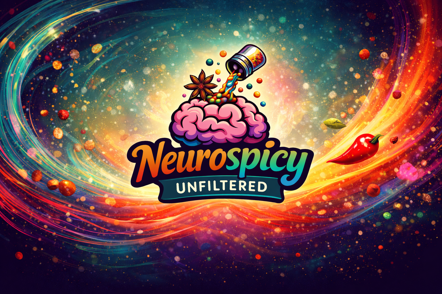 Neurospicy Unfiltered banner featuring a cosmic swirl of spices around a pink brain