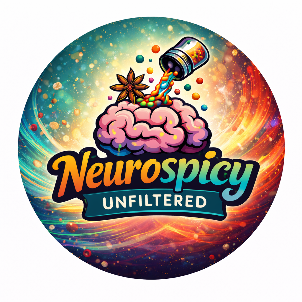 Neurospicy Unfiltered logo featuring a brain with a spice shaker